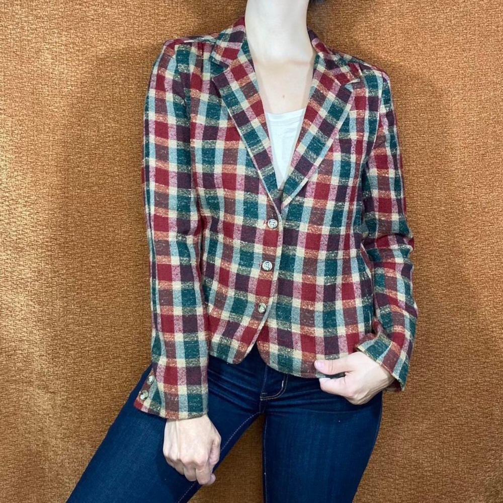 80s Prophecy Red/Green Christmas Holiday Twee Indie Boho Plaid Blazer, Size S.